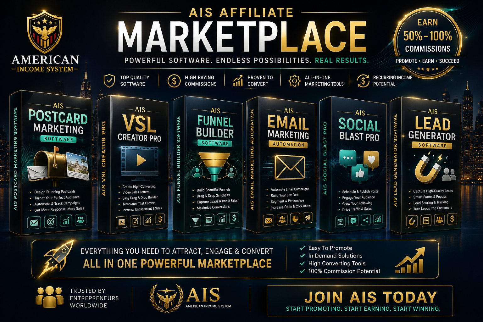 AIS Affiliate Marketplace — software suite including Postcard Marketing, VSL Creator, Funnel Builder, Email Marketing, Social Blast, and Lead Generator